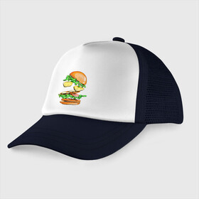 Детская кепка тракер с принтом King Burger в Белгороде, Козырек - 100% хлопок. Кепка - 100% полиэстер, Задняя часть - сетка | универсальный размер, пластиковая застёжка | Тематика изображения на принте: burger | burger king | king | бургер | гамбургер