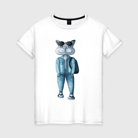 Женская футболка хлопок с принтом Уличный котик  в Белгороде, 100% хлопок | прямой крой, круглый вырез горловины, длина до линии бедер, слегка спущенное плечо | джинсы | животные | кот | лето | милые животные | очки | прогулка | серый | улица