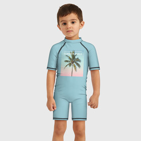 Детский купальный костюм 3D с принтом Летние ощущения в Белгороде, Полиэстер 85%, Спандекс 15% | застежка на молнии на спине | голубая | лето | пальма | пляж | тропики