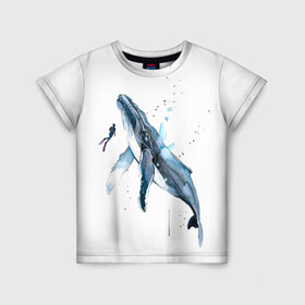 Детская футболка 3D с принтом кит в Белгороде, 100% гипоаллергенный полиэфир | прямой крой, круглый вырез горловины, длина до линии бедер, чуть спущенное плечо, ткань немного тянется | Тематика изображения на принте: ocean | sea | sea animal | whale | акварель | кит | море | океан | рисунок кита