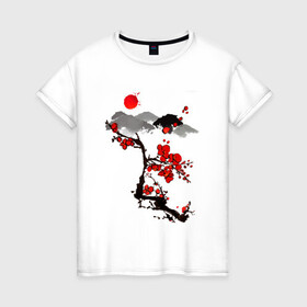 Женская футболка хлопок с принтом Рисунок Сакура в Белгороде, 100% хлопок | прямой крой, круглый вырез горловины, длина до линии бедер, слегка спущенное плечо | горы | красный | пейзаж | рисунок | цветы | япония | японский стиль
