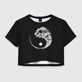 Женская футболка Crop-top 3D с принтом Yin and Yang Bonsai Tree в Белгороде, 100% полиэстер | круглая горловина, длина футболки до линии талии, рукава с отворотами | black | bonsai | buddhism | dualism | esotericism | evil | good | japan | negative | philosophy | positive | tree | white | yang | yin | zen | белое | бонсай | буддизм | дерево | дзен | добро | древо | дуализм | зло | инь | негатив | позитив | философия |