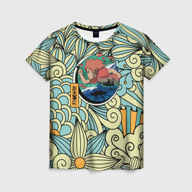 Женская футболка 3D с принтом Gake no ue no Ponyo в Белгороде, 100% полиэфир ( синтетическое хлопкоподобное полотно) | прямой крой, круглый вырез горловины, длина до линии бедер | большая волна | волна | миядзаки | морская тематика | морское путешествие | океан | поньо | пучина моря | рыбка поньо на утёсе | рыбы боятся меня