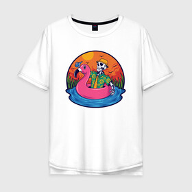Мужская футболка хлопок Oversize с принтом Скелет в надувном Фламинго в Белгороде, 100% хлопок | свободный крой, круглый ворот, “спинка” длиннее передней части | закат | купание | лето | отдых | пляж | скелет | туризм | фламинго