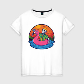 Женская футболка хлопок с принтом Скелет в надувном Фламинго в Белгороде, 100% хлопок | прямой крой, круглый вырез горловины, длина до линии бедер, слегка спущенное плечо | закат | купание | лето | отдых | пляж | скелет | туризм | фламинго