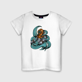 Детская футболка хлопок с принтом Осьминог напал на водолаза в Белгороде, 100% хлопок | круглый вырез горловины, полуприлегающий силуэт, длина до линии бедер | водолаз | море | океан | осьминог | подводный мир | щупальцы