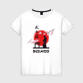 Женская футболка хлопок с принтом Самурай и сакура в Белгороде, 100% хлопок | прямой крой, круглый вырез горловины, длина до линии бедер, слегка спущенное плечо | busido | japan | kamikadze | nippon | samurai | бусидо | воин | единоборства | камикадзе | ниппон | путь война | сакура | самурай | хагакурэ | япония