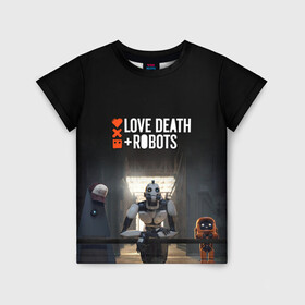 Детская футболка 3D с принтом Love, Death and Robots в Белгороде, 100% гипоаллергенный полиэфир | прямой крой, круглый вырез горловины, длина до линии бедер, чуть спущенное плечо, ткань немного тянется | cartoon | death | fantasy | heavy | horror | metal | miller | netflix | robots | tim | witness | любовь | миллер | мультфильм | робот | роботы | тим | ужасы | фэнтези