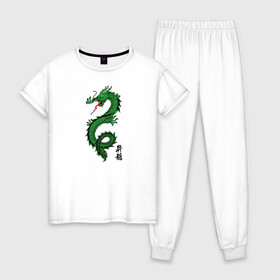 Женская пижама хлопок с принтом Китайский дракон в Белгороде, 100% хлопок | брюки и футболка прямого кроя, без карманов, на брюках мягкая резинка на поясе и по низу штанин | dragon | иероглифы | китайский дракон | монстр | надпись на китайском | тату | татуировка | ящерица