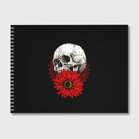 Альбом для рисования с принтом Череп и Красный Цветок Skull в Белгороде, 100% бумага
 | матовая бумага, плотность 200 мг. | Тематика изображения на принте: flowers | head | skulls | букет | голова | животные | кости | мозги | паттерн | полосы | природа | розы | скелет | текстура | узор | флора | хо | цветы | черепа | черный | яркий
