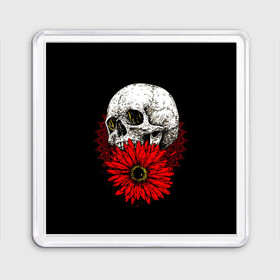 Магнит 55*55 с принтом Череп и Красный Цветок Skull в Белгороде, Пластик | Размер: 65*65 мм; Размер печати: 55*55 мм | Тематика изображения на принте: flowers | head | skulls | букет | голова | животные | кости | мозги | паттерн | полосы | природа | розы | скелет | текстура | узор | флора | хо | цветы | черепа | черный | яркий