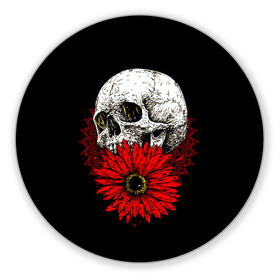 Коврик для мышки круглый с принтом Череп и Красный Цветок Skull в Белгороде, резина и полиэстер | круглая форма, изображение наносится на всю лицевую часть | Тематика изображения на принте: flowers | head | skulls | букет | голова | животные | кости | мозги | паттерн | полосы | природа | розы | скелет | текстура | узор | флора | хо | цветы | черепа | черный | яркий