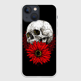Чехол для iPhone 13 mini с принтом Череп и Красный Цветок | Skull в Белгороде,  |  | Тематика изображения на принте: flowers | head | skulls | букет | голова | животные | кости | мозги | паттерн | полосы | природа | розы | скелет | текстура | узор | флора | хо | цветы | черепа | черный | яркий