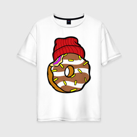 Женская футболка хлопок Oversize с принтом Донатос в Белгороде, 100% хлопок | свободный крой, круглый ворот, спущенный рукав, длина до линии бедер
 | donut | еда | кондитер | крутой | шапка