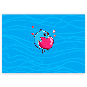 Поздравительная открытка с принтом Дельфин с сердечком в Белгороде, 100% бумага | плотность бумаги 280 г/м2, матовая, на обратной стороне линовка и место для марки
 | dolphin | дельфин | дельфинчик | море | морские | на голубом | с дельфином | с сердцем | сердечко
