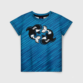 Детская футболка 3D с принтом Две косатки в Белгороде, 100% гипоаллергенный полиэфир | прямой крой, круглый вырез горловины, длина до линии бедер, чуть спущенное плечо, ткань немного тянется | Тематика изображения на принте: whale | кит | косатка | косатки | на синем | с косатками