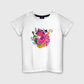 Детская футболка хлопок с принтом Осьминог пират в Белгороде, 100% хлопок | круглый вырез горловины, полуприлегающий силуэт, длина до линии бедер | cute | octopus | pirat | кракен | осьминог | осьминожка | пират | щупальца