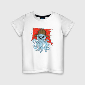 Детская футболка хлопок с принтом Осьминог в каске в Белгороде, 100% хлопок | круглый вырез горловины, полуприлегающий силуэт, длина до линии бедер | cute | octopus | pirat | в каске | кракен | осьминог | осьминожка | пират | скелет | череп | щупальца