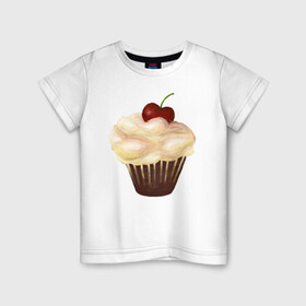 Детская футболка хлопок с принтом Cupcake with cherry art в Белгороде, 100% хлопок | круглый вырез горловины, полуприлегающий силуэт, длина до линии бедер | art | cherry | cooking | cupcake | vypichka | yummy | арт | вишня | вкусняшка | выпичка | кекс | кулинария