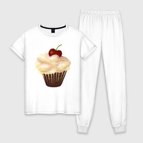 Женская пижама хлопок с принтом Cupcake with cherry art в Белгороде, 100% хлопок | брюки и футболка прямого кроя, без карманов, на брюках мягкая резинка на поясе и по низу штанин | art | cherry | cooking | cupcake | vypichka | yummy | арт | вишня | вкусняшка | выпичка | кекс | кулинария