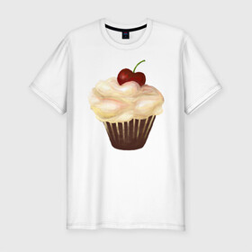 Мужская футболка хлопок Slim с принтом Cupcake with cherry art в Белгороде, 92% хлопок, 8% лайкра | приталенный силуэт, круглый вырез ворота, длина до линии бедра, короткий рукав | art | cherry | cooking | cupcake | vypichka | yummy | арт | вишня | вкусняшка | выпичка | кекс | кулинария