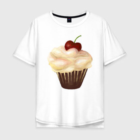 Мужская футболка хлопок Oversize с принтом Cupcake with cherry art в Белгороде, 100% хлопок | свободный крой, круглый ворот, “спинка” длиннее передней части | art | cherry | cooking | cupcake | vypichka | yummy | арт | вишня | вкусняшка | выпичка | кекс | кулинария