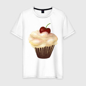Мужская футболка хлопок с принтом Cupcake with cherry art в Белгороде, 100% хлопок | прямой крой, круглый вырез горловины, длина до линии бедер, слегка спущенное плечо. | art | cherry | cooking | cupcake | vypichka | yummy | арт | вишня | вкусняшка | выпичка | кекс | кулинария