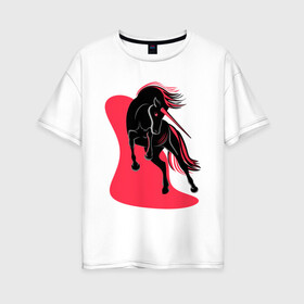 Женская футболка хлопок Oversize с принтом ЧЕРНЫЙ ЕДИНОРОГ в Белгороде, 100% хлопок | свободный крой, круглый ворот, спущенный рукав, длина до линии бедер
 | evil unicorn | единорог | красное и белое | черный единорог