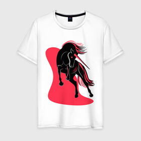 Мужская футболка хлопок с принтом ЧЕРНЫЙ ЕДИНОРОГ в Белгороде, 100% хлопок | прямой крой, круглый вырез горловины, длина до линии бедер, слегка спущенное плечо. | Тематика изображения на принте: evil unicorn | единорог | красное и белое | черный единорог