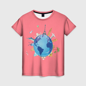 Женская футболка 3D с принтом Наша планета в Белгороде, 100% полиэфир ( синтетическое хлопкоподобное полотно) | прямой крой, круглый вырез горловины, длина до линии бедер | вокруг света | дружба | земля | мир | солидарность | туризм