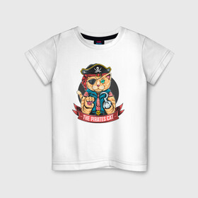 Детская футболка хлопок с принтом Кот пират в Белгороде, 100% хлопок | круглый вырез горловины, полуприлегающий силуэт, длина до линии бедер | captain | cat | pirate | pirates | skull | капитан | кот | пират | череп