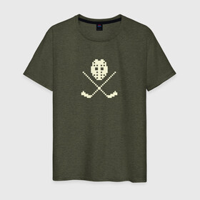 Мужская футболка хлопок с принтом Маска в Белгороде, 100% хлопок | прямой крой, круглый вырез горловины, длина до линии бедер, слегка спущенное плечо. | hockey | pixel art | вратарь | клюшки | пиксель арт | хоккей | хоккейная маска