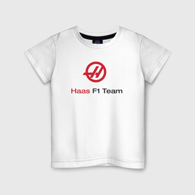 Детская футболка хлопок с принтом Haas F1 Team в Белгороде, 100% хлопок | круглый вырез горловины, полуприлегающий силуэт, длина до линии бедер | Тематика изображения на принте: f1 | haas | грожан | магнуссен | мазепин | ф1 | феррари | формула 1 | хаас