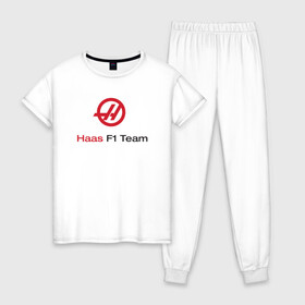 Женская пижама хлопок с принтом Haas F1 Team в Белгороде, 100% хлопок | брюки и футболка прямого кроя, без карманов, на брюках мягкая резинка на поясе и по низу штанин | f1 | haas | грожан | магнуссен | мазепин | ф1 | феррари | формула 1 | хаас