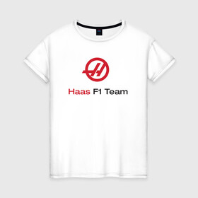 Женская футболка хлопок с принтом Haas F1 Team в Белгороде, 100% хлопок | прямой крой, круглый вырез горловины, длина до линии бедер, слегка спущенное плечо | Тематика изображения на принте: f1 | haas | грожан | магнуссен | мазепин | ф1 | феррари | формула 1 | хаас