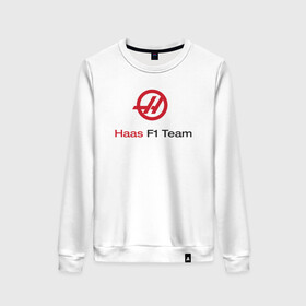 Женский свитшот хлопок с принтом Haas F1 Team в Белгороде, 100% хлопок | прямой крой, круглый вырез, на манжетах и по низу широкая трикотажная резинка  | f1 | haas | грожан | магнуссен | мазепин | ф1 | феррари | формула 1 | хаас