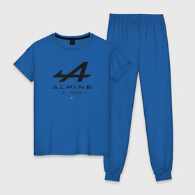 Женская пижама хлопок с принтом Alpine F1 team в Белгороде, 100% хлопок | брюки и футболка прямого кроя, без карманов, на брюках мягкая резинка на поясе и по низу штанин | alpine | f1 | renault | team | рено | ф1 | фернандо алонсо | формула 1