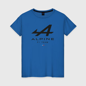 Женская футболка хлопок с принтом Alpine F1 team в Белгороде, 100% хлопок | прямой крой, круглый вырез горловины, длина до линии бедер, слегка спущенное плечо | alpine | f1 | renault | team | рено | ф1 | фернандо алонсо | формула 1