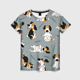 Женская футболка 3D с принтом Собаки Бигли в Белгороде, 100% полиэфир ( синтетическое хлопкоподобное полотно) | прямой крой, круглый вырез горловины, длина до линии бедер | dog | бигли | бигль | животные | пес | природа | собака | собаки | собакчка | собачки