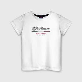 Детская футболка хлопок с принтом Alfa Romeo F1 Team в Белгороде, 100% хлопок | круглый вырез горловины, полуприлегающий силуэт, длина до линии бедер | Тематика изображения на принте: alfa romeo | f1 | formula 1 | team | альфе ромео | антонио джовинации | кими райкконен | логотип | ф1 | формула 1