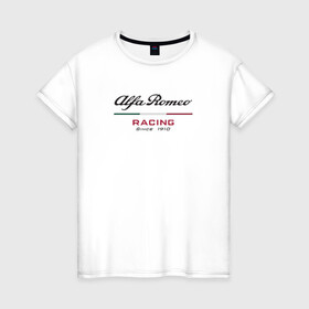 Женская футболка хлопок с принтом Alfa Romeo F1 Team в Белгороде, 100% хлопок | прямой крой, круглый вырез горловины, длина до линии бедер, слегка спущенное плечо | alfa romeo | f1 | formula 1 | team | альфе ромео | антонио джовинации | кими райкконен | логотип | ф1 | формула 1