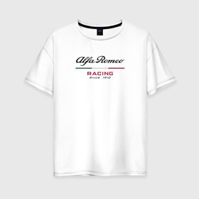 Женская футболка хлопок Oversize с принтом Alfa Romeo F1 Team в Белгороде, 100% хлопок | свободный крой, круглый ворот, спущенный рукав, длина до линии бедер
 | Тематика изображения на принте: alfa romeo | f1 | formula 1 | team | альфе ромео | антонио джовинации | кими райкконен | логотип | ф1 | формула 1