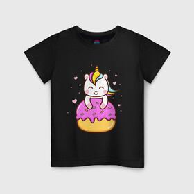 Детская футболка хлопок с принтом Милый единорог с пончиком в Белгороде, 100% хлопок | круглый вырез горловины, полуприлегающий силуэт, длина до линии бедер | cute | funny | pony | rainbow | unicorn | единорог | единорожка | милый | пони | пончик | радуга