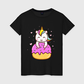 Женская футболка хлопок с принтом Милый единорог с пончиком в Белгороде, 100% хлопок | прямой крой, круглый вырез горловины, длина до линии бедер, слегка спущенное плечо | cute | funny | pony | rainbow | unicorn | единорог | единорожка | милый | пони | пончик | радуга