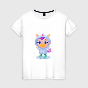 Женская футболка хлопок с принтом Unicorn в Белгороде, 100% хлопок | прямой крой, круглый вырез горловины, длина до линии бедер, слегка спущенное плечо | unicorn | весенняя картинка | единорог | единорог в плаще | милый единорог