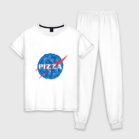Женская пижама хлопок с принтом NASA Pizza в Белгороде, 100% хлопок | брюки и футболка прямого кроя, без карманов, на брюках мягкая резинка на поясе и по низу штанин | mars | moon | nasa | астероид | астронавт | астрономия | вселенная | гагарин | галактика | земля | илон | комета | космонавт | космос | луна | марс | маск | наса | небо | нло | пицца | планета | пришелец | ракета