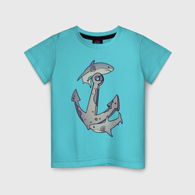 Детская футболка хлопок с принтом Sharks around the anchor в Белгороде, 100% хлопок | круглый вырез горловины, полуприлегающий силуэт, длина до линии бедер | fish | sea | shark | акула | море | плавники | под водой | рыба | якорь