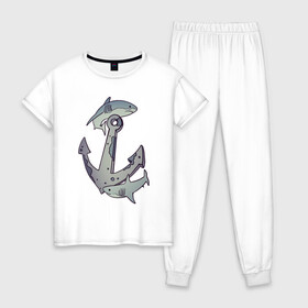 Женская пижама хлопок с принтом Sharks around the anchor в Белгороде, 100% хлопок | брюки и футболка прямого кроя, без карманов, на брюках мягкая резинка на поясе и по низу штанин | fish | sea | shark | акула | море | плавники | под водой | рыба | якорь