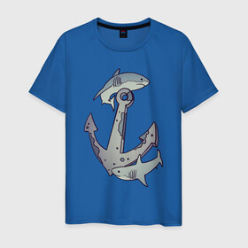 Мужская футболка хлопок с принтом Sharks around the anchor в Белгороде, 100% хлопок | прямой крой, круглый вырез горловины, длина до линии бедер, слегка спущенное плечо. | fish | sea | shark | акула | море | плавники | под водой | рыба | якорь