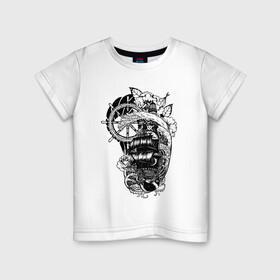 Детская футболка хлопок с принтом Пиратский корабль в Белгороде, 100% хлопок | круглый вырез горловины, полуприлегающий силуэт, длина до линии бедер | captain | pirate | pirates | ship | skull | капитан | корабль | пират | череп | штурвал